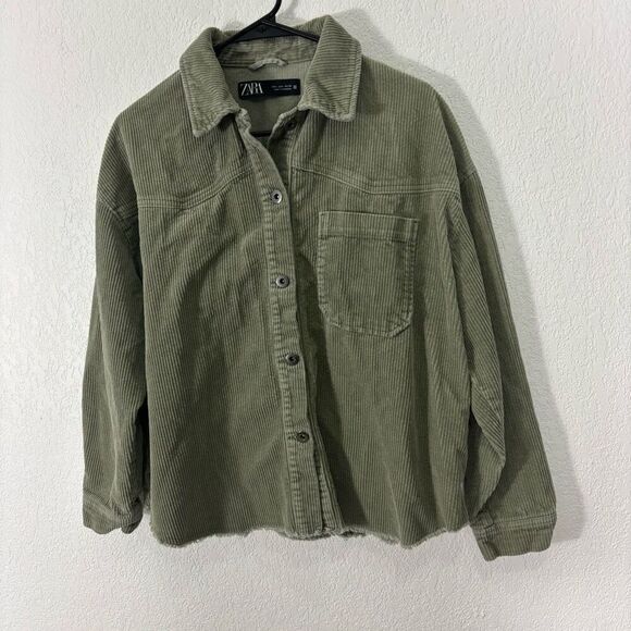 Zara Green Corduroy Button Front Raw Hem Jacket Women’s Large - Picture 4 of 7